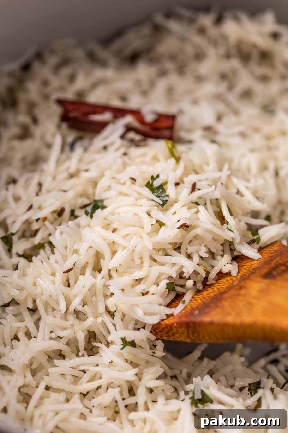A close-up view of perfectly fluffy Jeera Rice, highlighting its distinct, elongated grains and the golden cumin seeds, inviting a sensory experience.