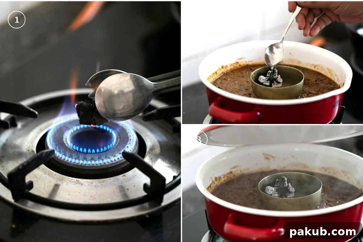 Dal Makhani Mastery Stovetop Pressure Cooker Instant Pot 5 A visual step-by-step guide illustrating the Dhungar method to impart a distinct smoky flavor to Dal Makhani, mimicking restaurant-style preparation at home.