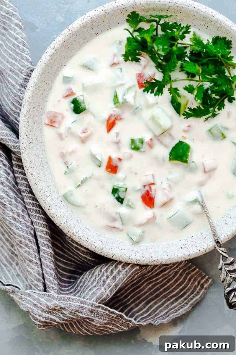 Refreshingly Versatile: The Best Indian Raita Recipes 2 Indian raita served in a white bowl topped with coriander or cilantro