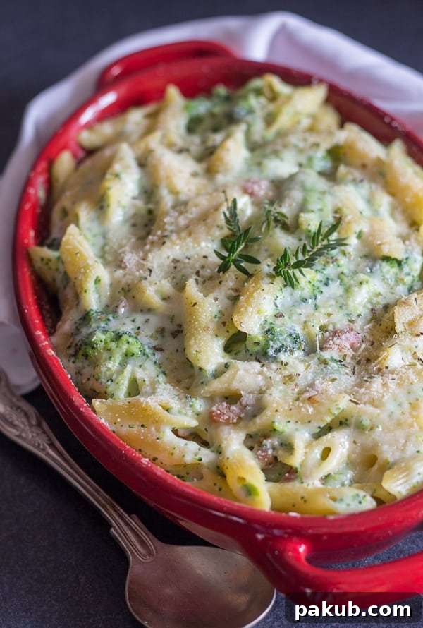 15 Bacon Creations to Make Every Meal a Party 15 A bubbling, golden-brown Bacon Broccoli Pasta Casserole, served enticingly in a rustic red baking dish, promising creamy comfort and savory flavor.