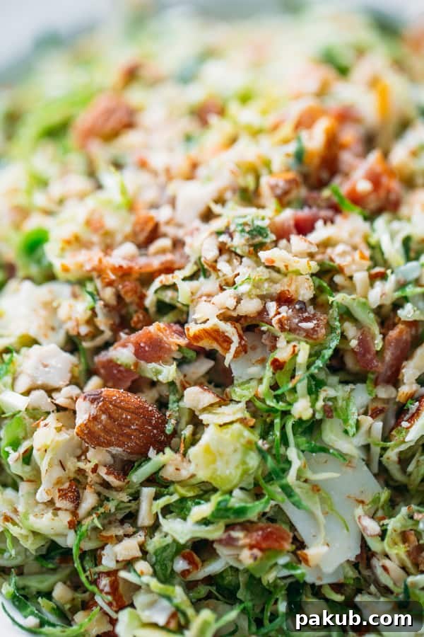 15 Bacon Creations to Make Every Meal a Party 10 A vibrant close-up of a Bacon Brussels Sprout Salad, highlighting the crisp Brussels sprouts and savory bacon bits, glistening with a light citrus dressing.