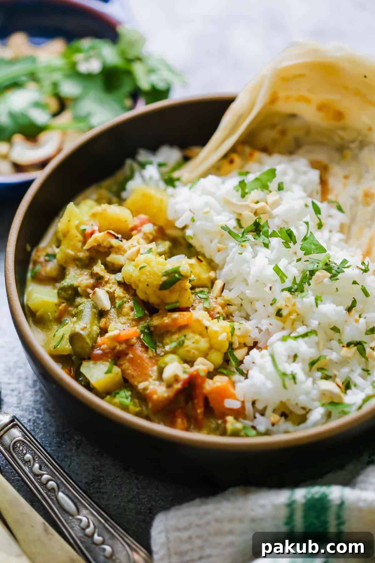 Creamy Vegetable Korma Perfection 4 Close-up of Vegetable Korma Curry served in a white bowl, garnished with fresh coriander and nuts, ready to be enjoyed with rice or bread.