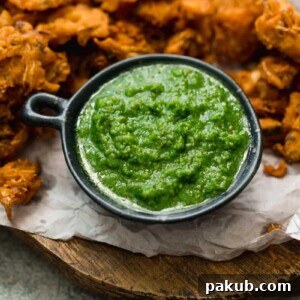 Green Cilantro Chutney served with pakoras or fritters on the side.