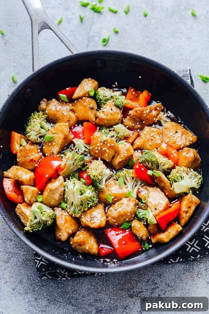 Easy teriyaki chicken stir fry, straight from the stove in a pan