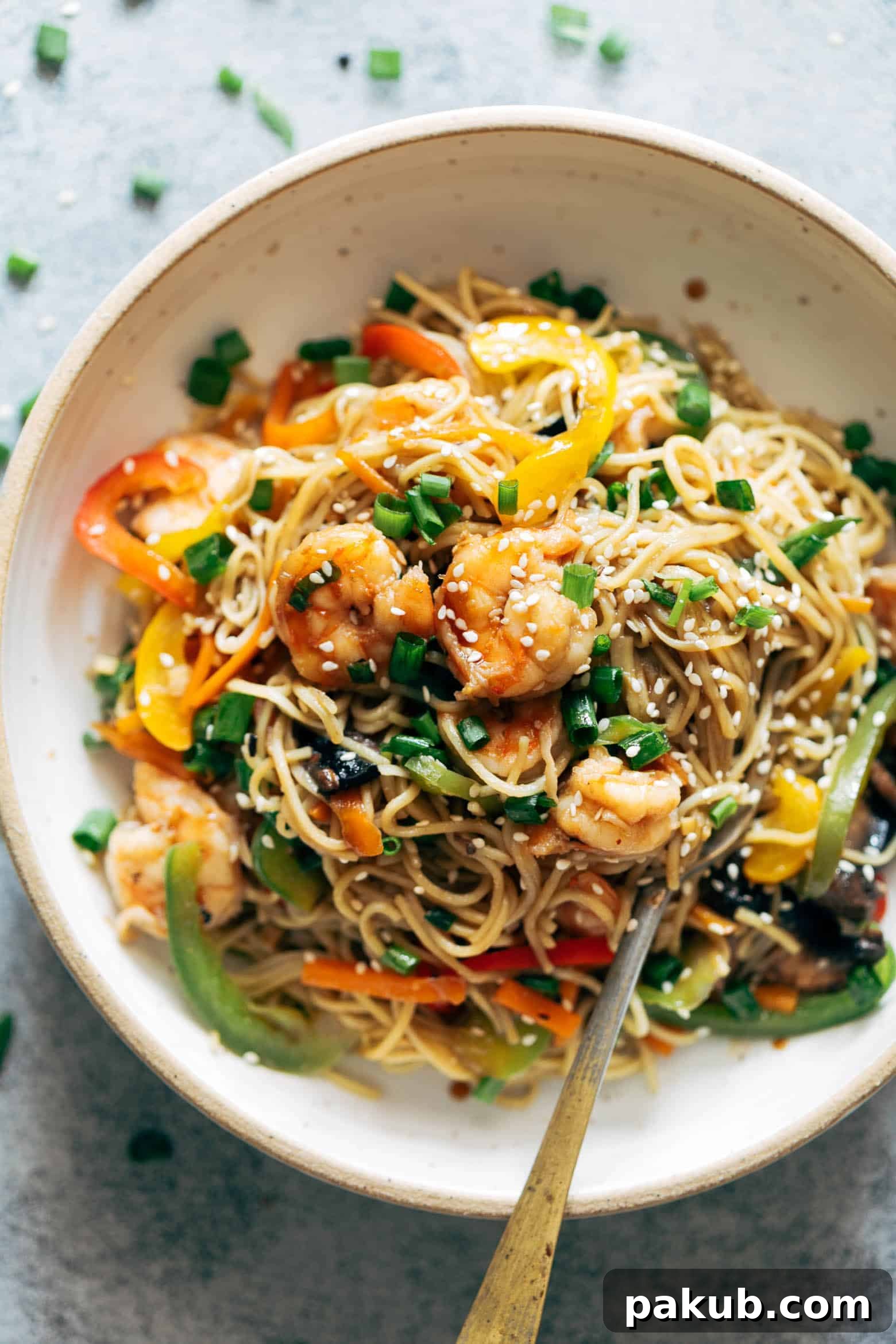 Shrimp Chow Mein served in a cream bowl