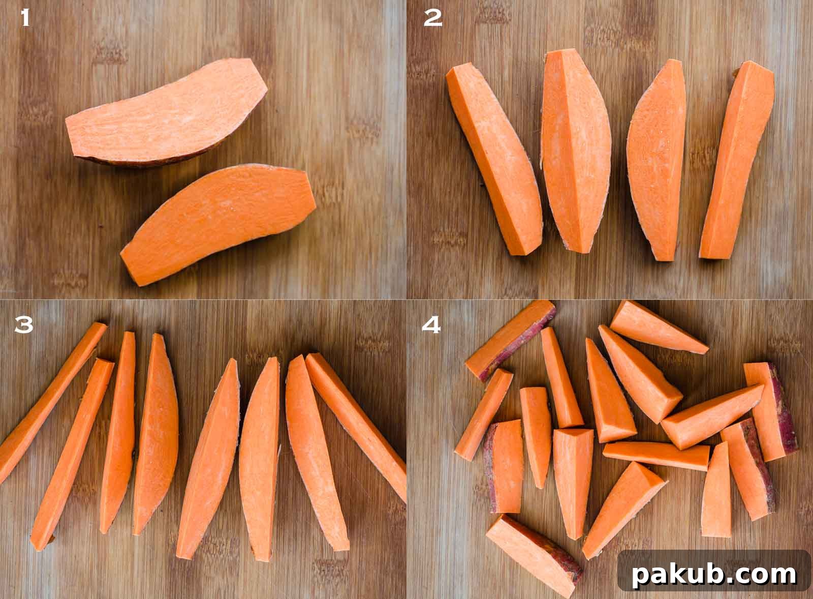Fiery Zest Sweet Potato Wedges 3 Step-by-step guide illustrating how to cut a sweet potato into perfect wedges.