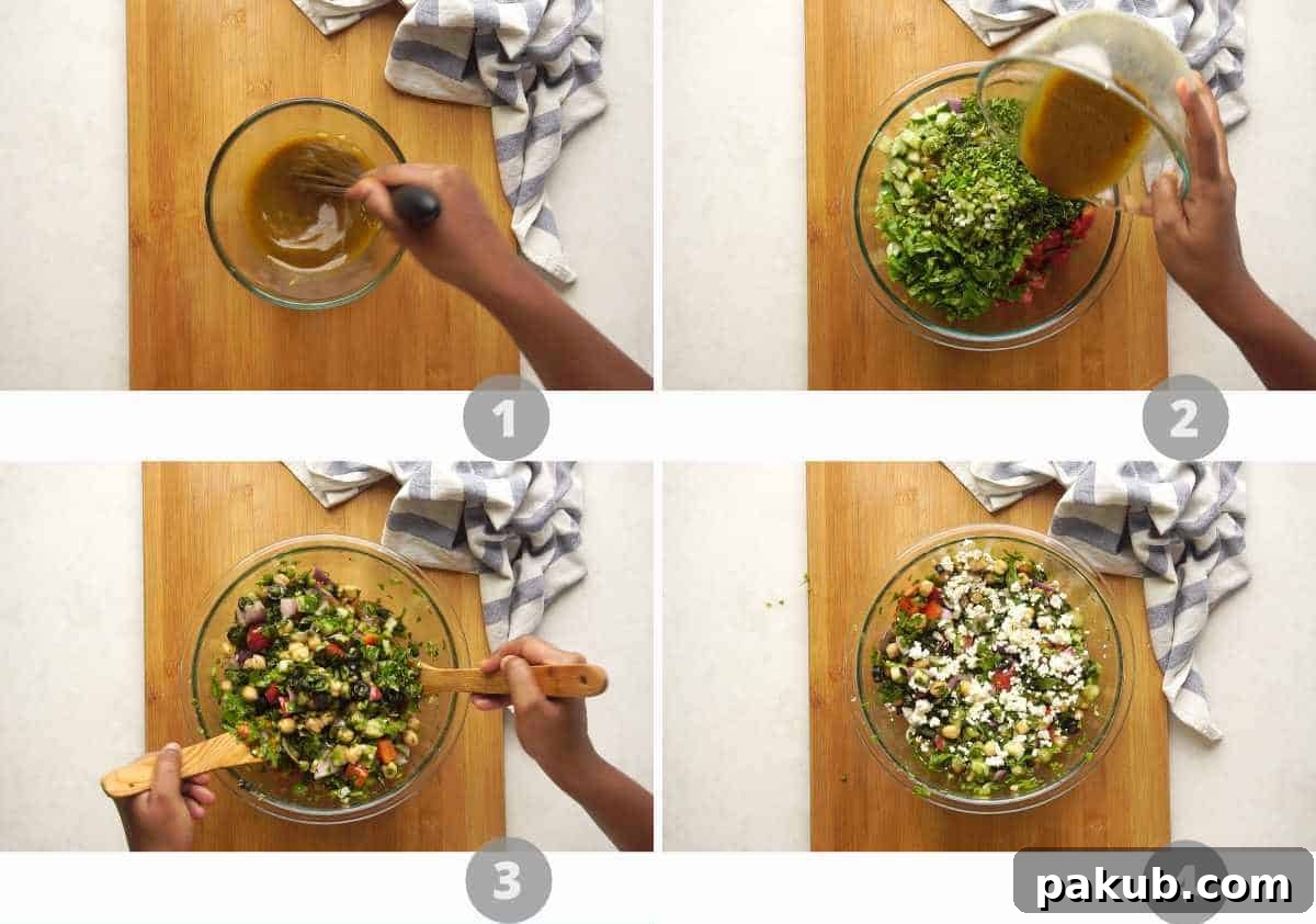 Step by step picture collage showing how to make Mediterranean chickpeas salad, from chopping ingredients to mixing.