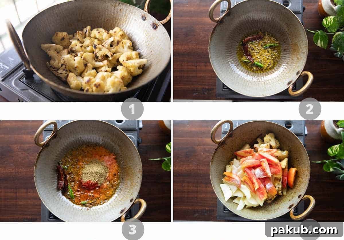 Step by step picture collage showing how to make aloo gobi masala, from tempering spices to adding vegetables