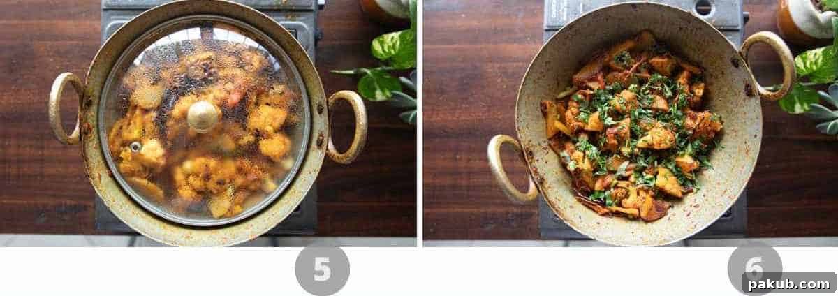 Step by step picture collage showing how to make aloo gobi masala, focusing on the final cooking stage