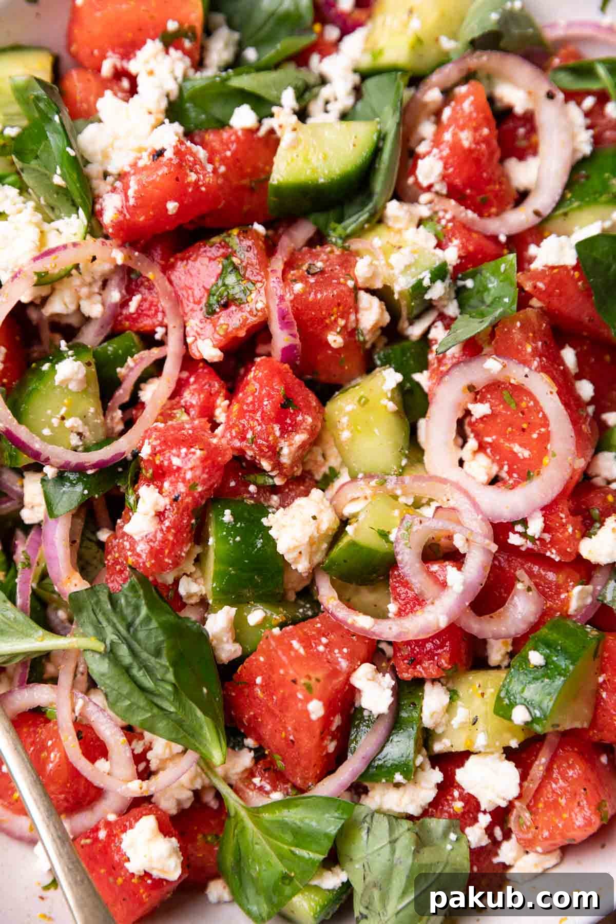 Ultimate Summer Watermelon Salad 3 A close-up shot of the watermelon salad, highlighting its fresh, vibrant colors and crunchy texture, showcasing cubed watermelon, cucumber, red onion, and herbs.