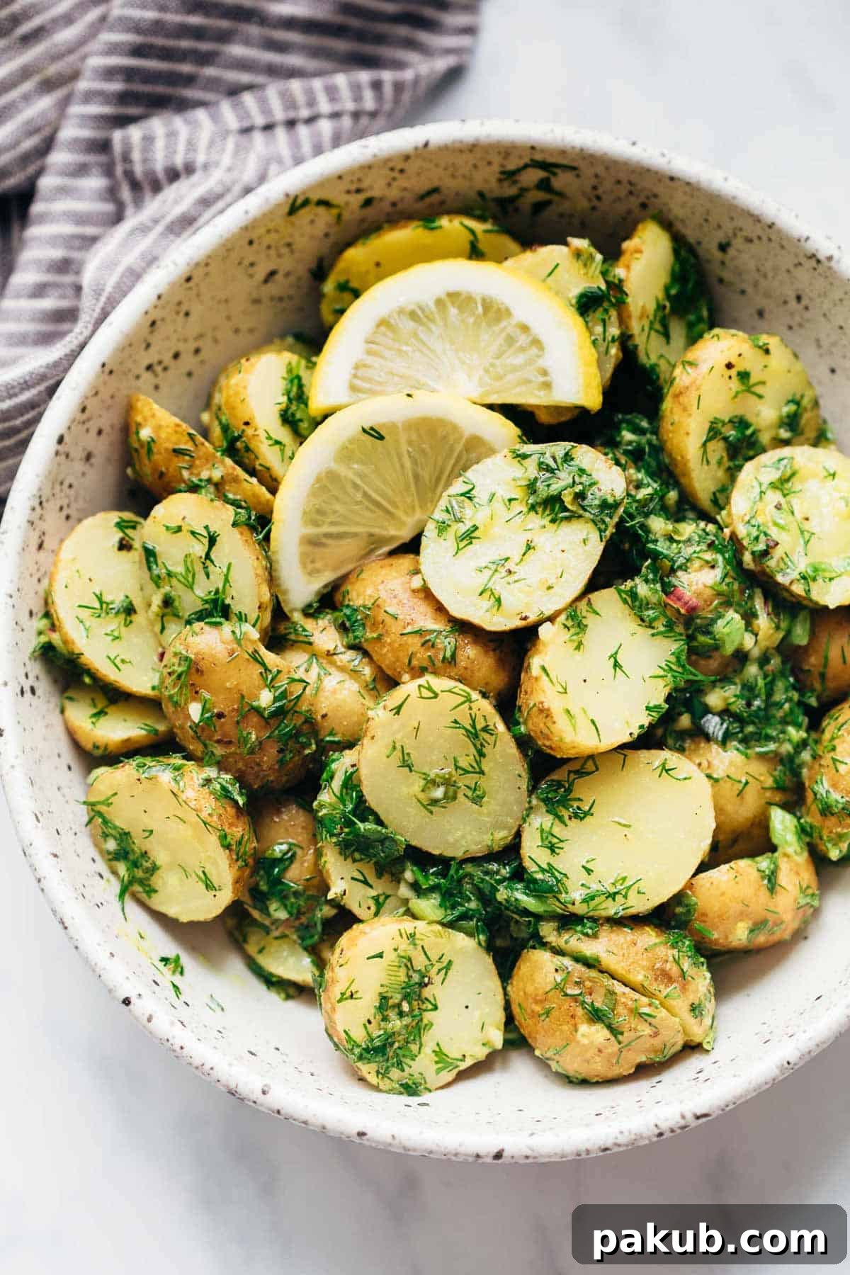 Zesty Lemon Dill Potato Salad: A Lighter Take 2 Healthy Lemon Dill Potato Salad (no mayo) served in a white speckled bowl with fresh lemon wedges and dill sprigs
