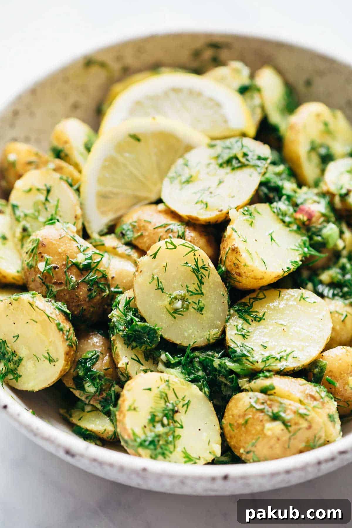 Zesty Lemon Dill Potato Salad: A Lighter Take 3 Close up view of healthy lemon dill potato salad (no mayo) served in a white speckled bowl with fresh lemon wedges