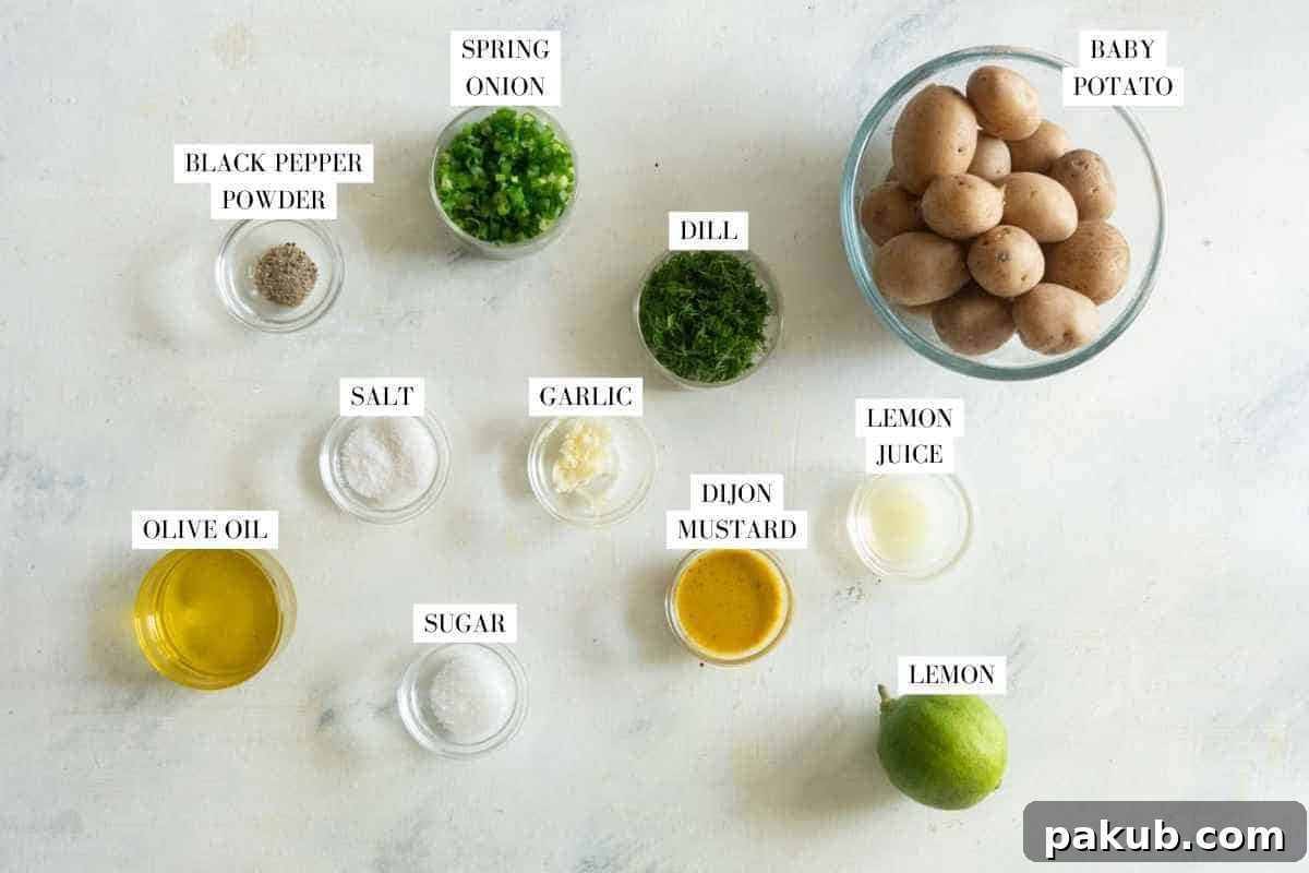 Zesty Lemon Dill Potato Salad: A Lighter Take 4 Collage of ingredients for healthy lemon dill potato salad, including baby potatoes, olive oil, lemon, dill, spring onions, garlic, and Dijon mustard.