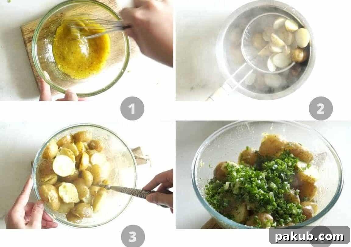 Zesty Lemon Dill Potato Salad: A Lighter Take 5 Step-by-step visual guide showing how to prepare healthy lemon dill potato salad: cutting potatoes, boiling, mixing dressing, and combining.
