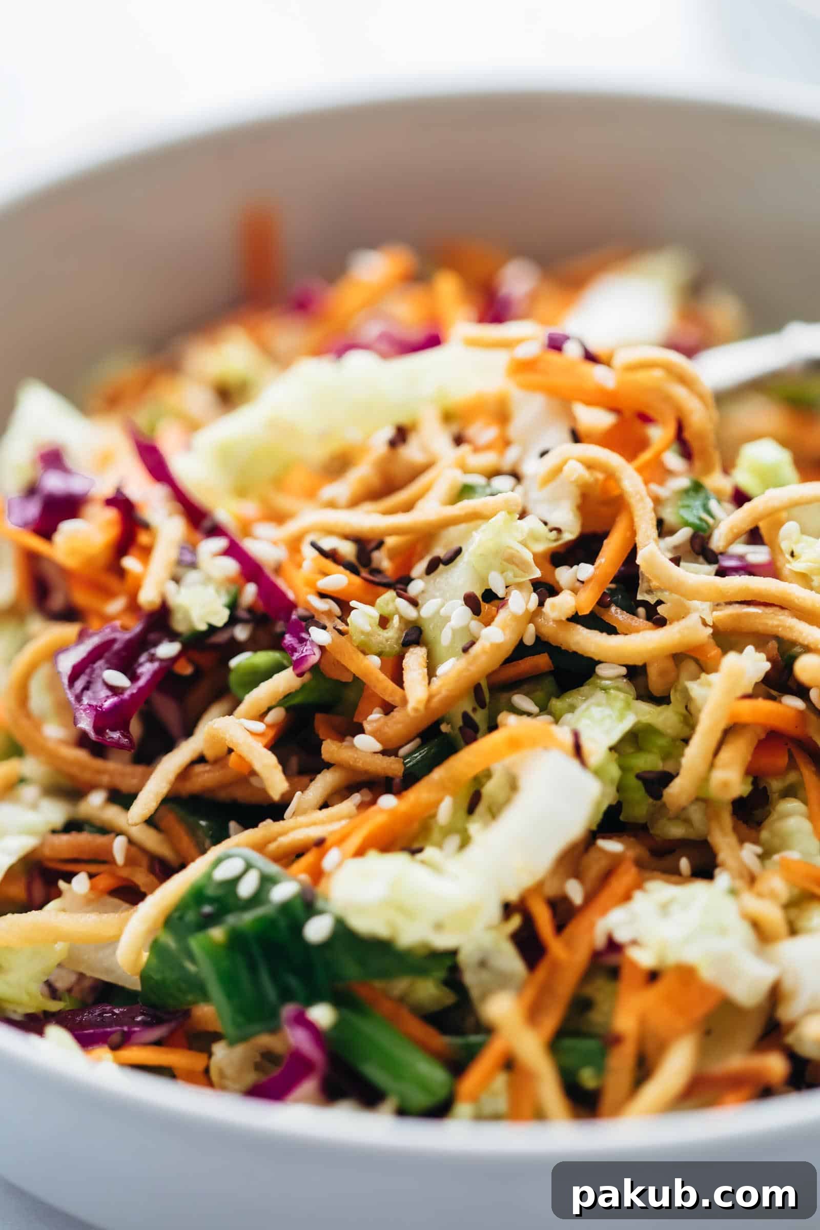 Mandarin Ginger Chicken Crunch Salad 5 Close up of crunchy chinese chicken salad served in a bowl, highlighting the varied textures and colorful ingredients