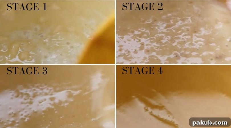The four progressive stages of making roux for New Orleans Shrimp Sausage Gumbo, showcasing its color transformation from light to dark golden brown as it cooks in a Dutch oven.