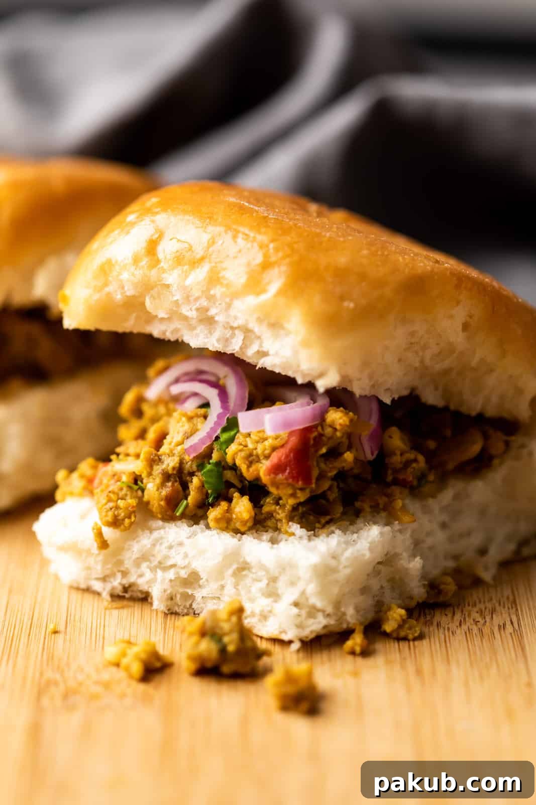 Spicy Street Style Indian Egg Scramble 3 Street style egg bhurji pav sandwich, a popular Indian street food