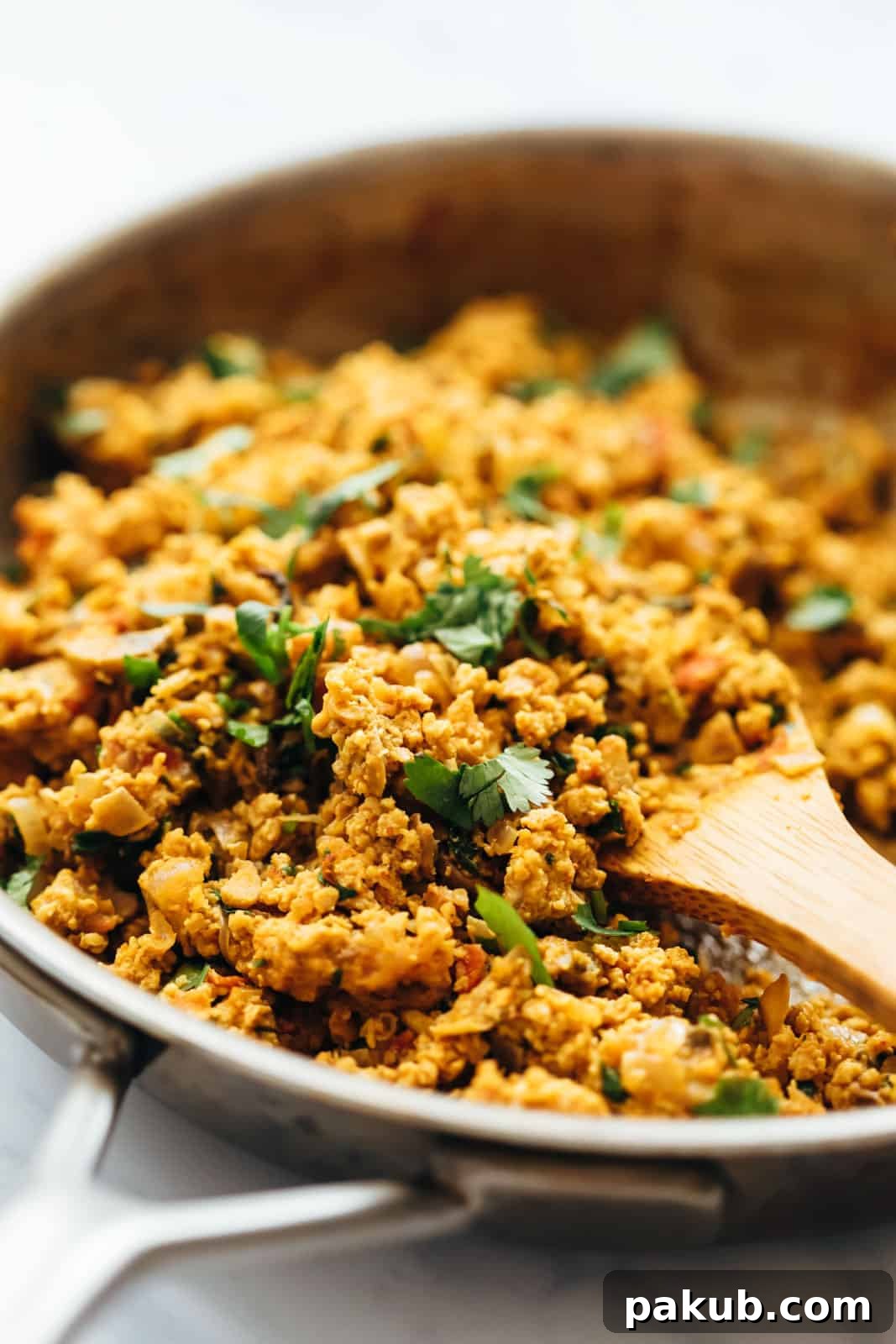 Spicy Street Style Indian Egg Scramble 4 Closeup view of freshly cooked street style egg bhurji in a pan, garnished with coriander