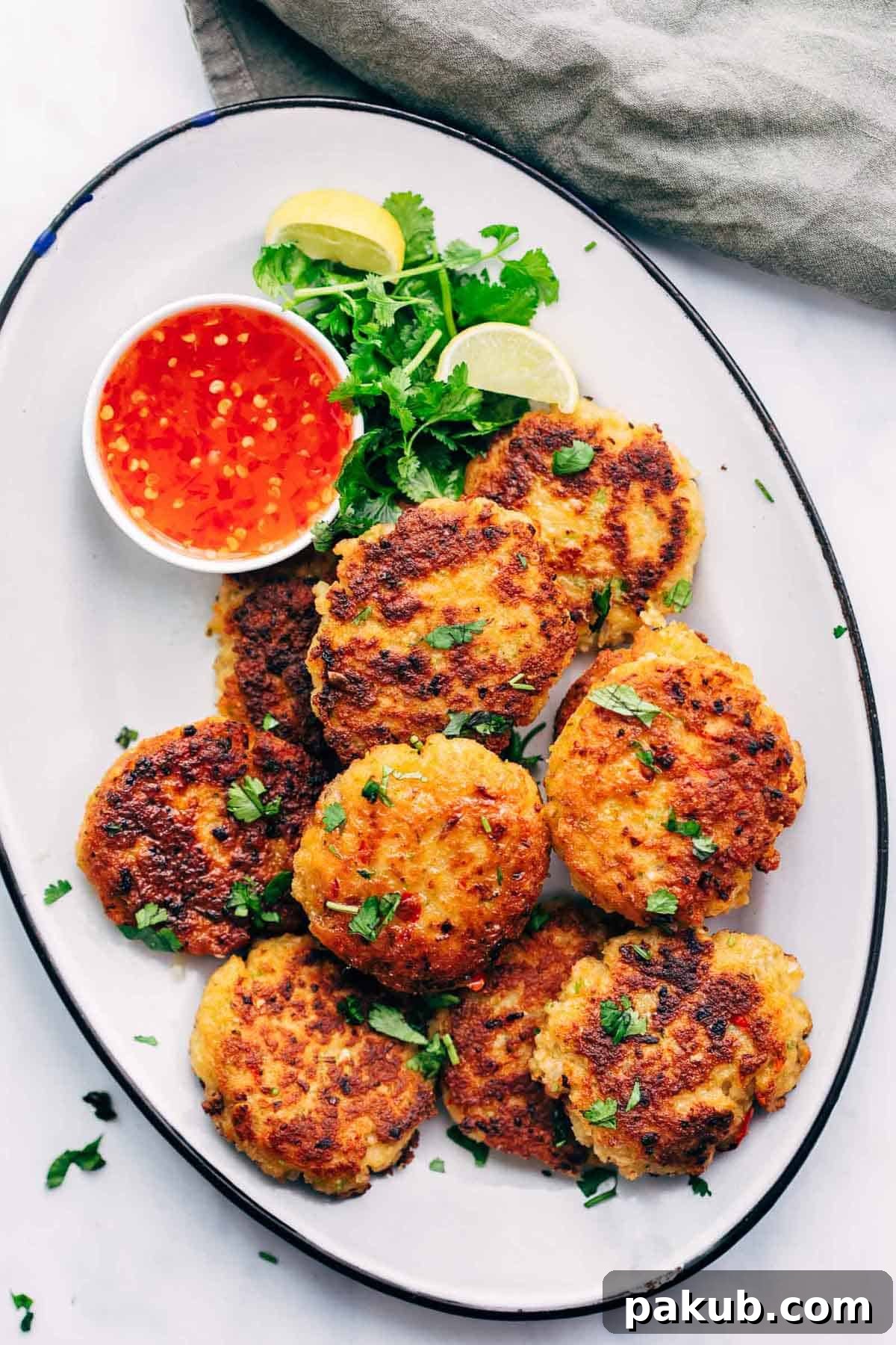 Easy Thai Shrimp Cakes served on a platter with thai sweet chilli sauce