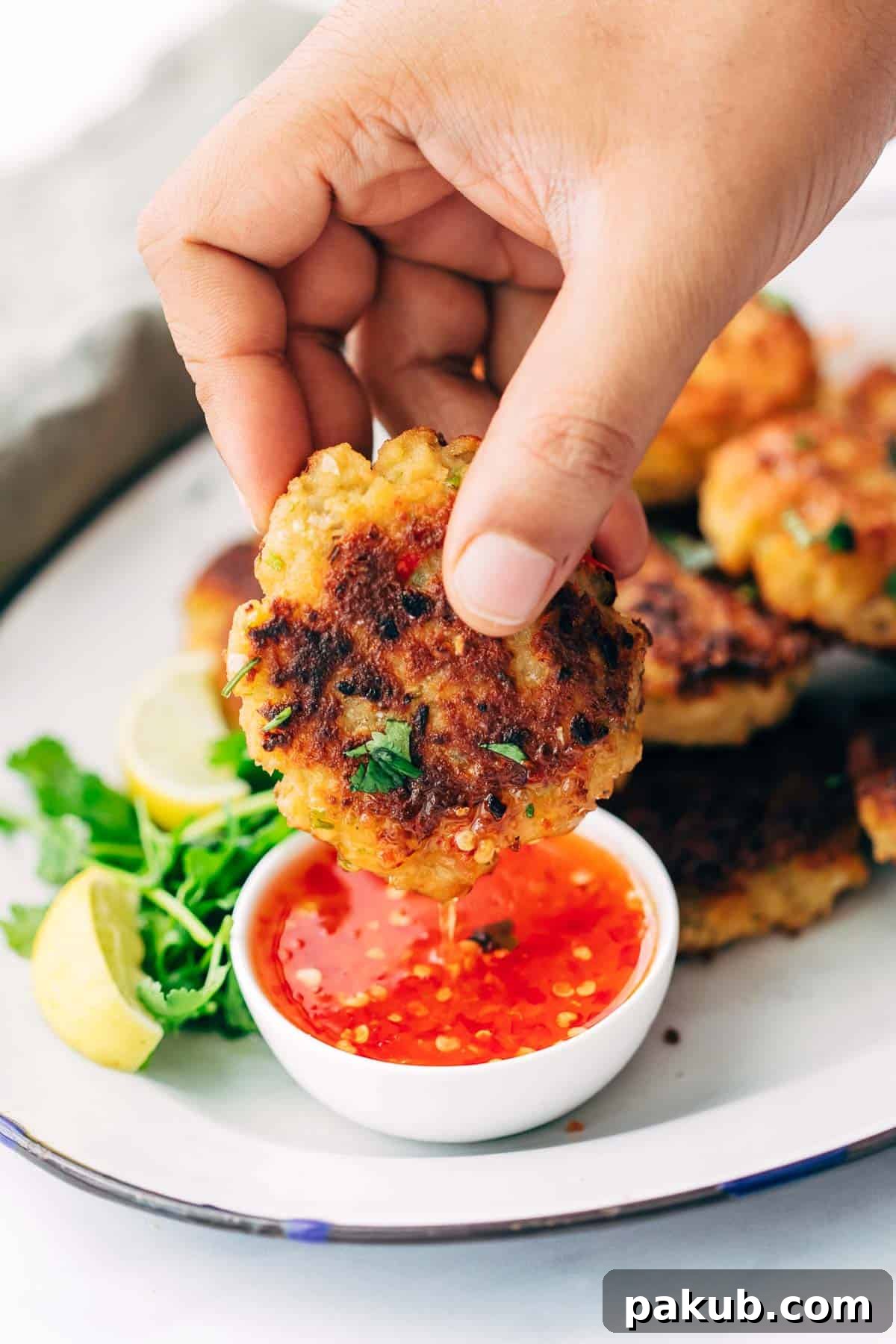 Crispy Thai shrimp cakes dipped in zesty Thai sweet chilli sauce, showcasing their golden-brown exterior