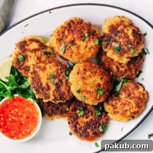 Easy Thai Shrimp Cakes served on a platter with thai sweet chilli sauce
