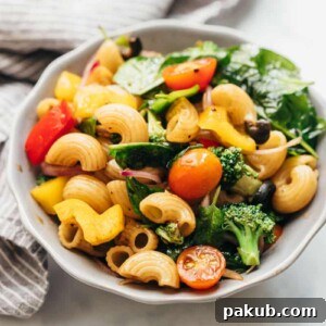 Vegan Pasta Salad with Italian Balsamic Dressing served in a bowl