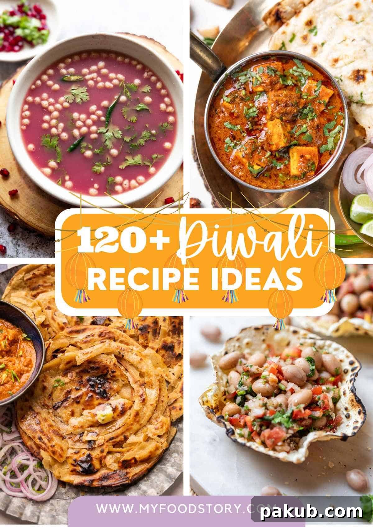 120 Vegetarian Diwali Delights for a Joyful Celebration 2 Picture Collage of 4 diwali recipe photographs with text overlay