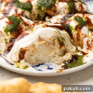 a plate of dahi vada with curd, tamarind chutney and coriander mint chutney drizzled on top.