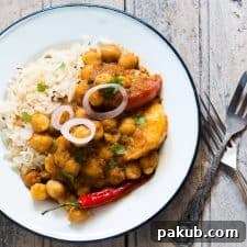 A picture of the curry plated with rice and onions.