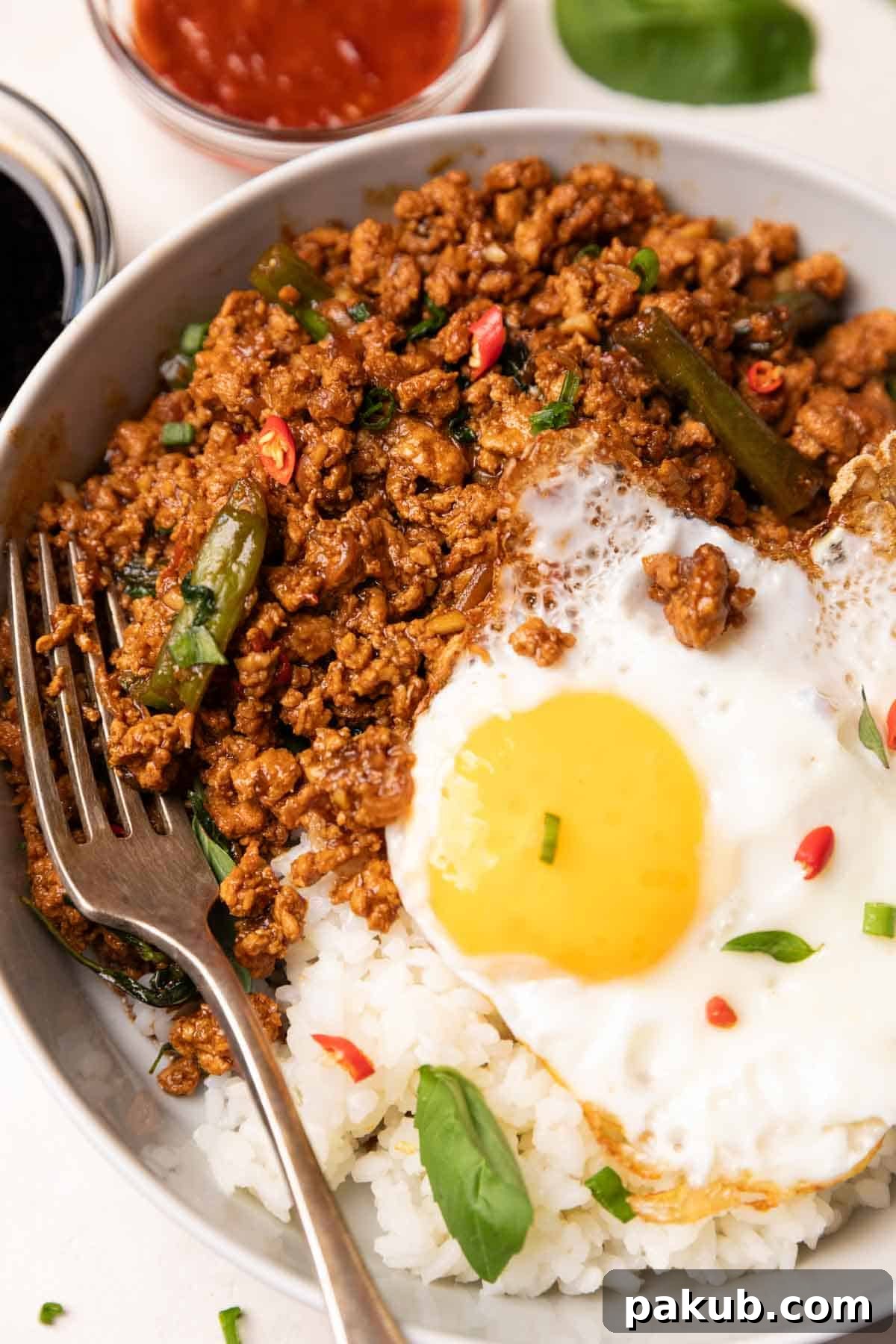 Spicy Thai Basil Chicken Pad Krapow Stir Fry 2 thai basil chicken served with steamed rice and an egg