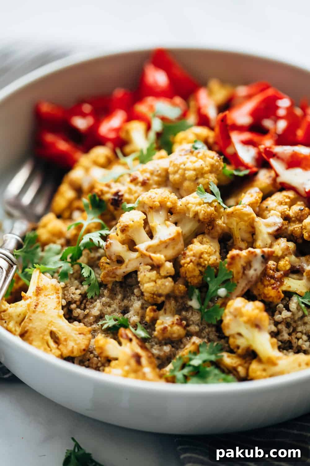 Closeup of Curried roasted cauliflower bowl