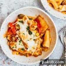 One pot vegetable pasta in a bowl, ready to be served and enjoyed