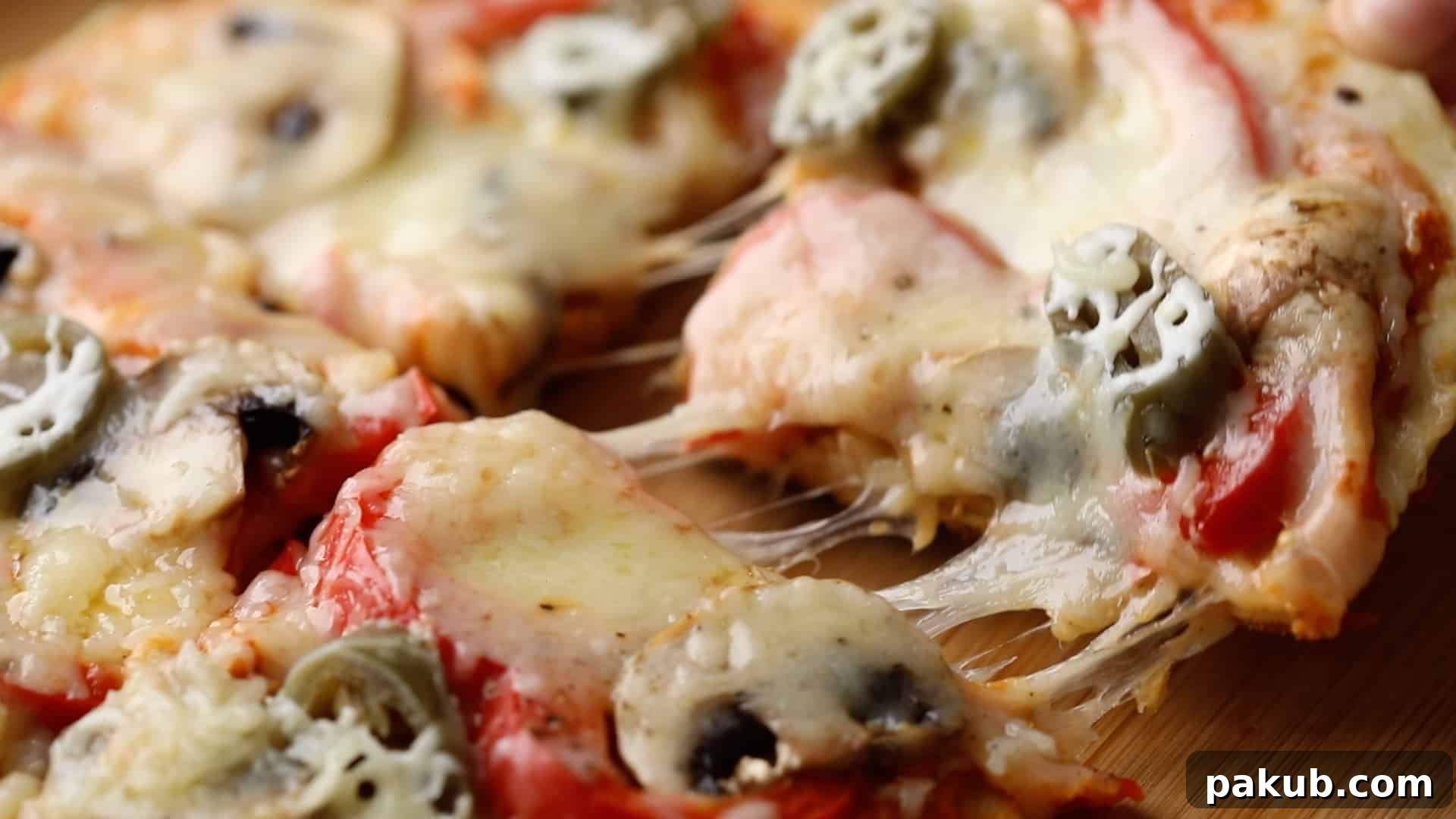 A slice of stovetop no yeast pizza being pulled, showing gooey, melted mozzarella cheese stretching