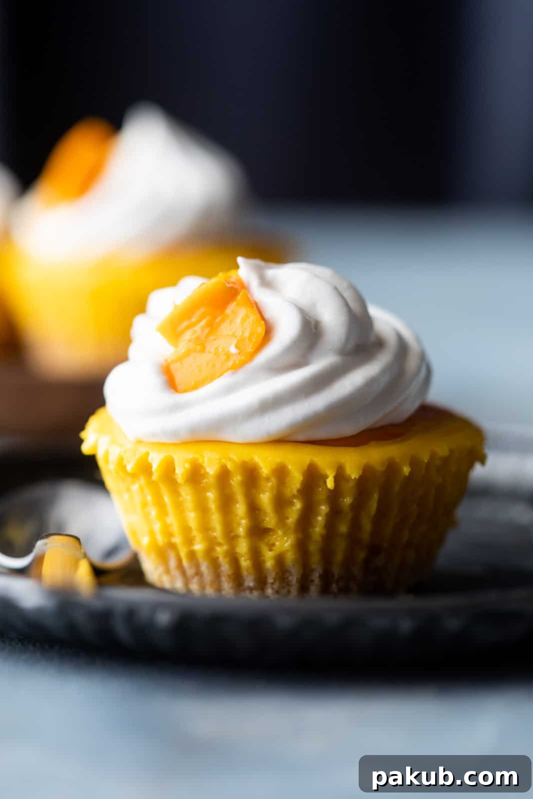 Mini mango cheesecakes served on a plate topped with whipped cream and fresh mango cubes, ready to be enjoyed