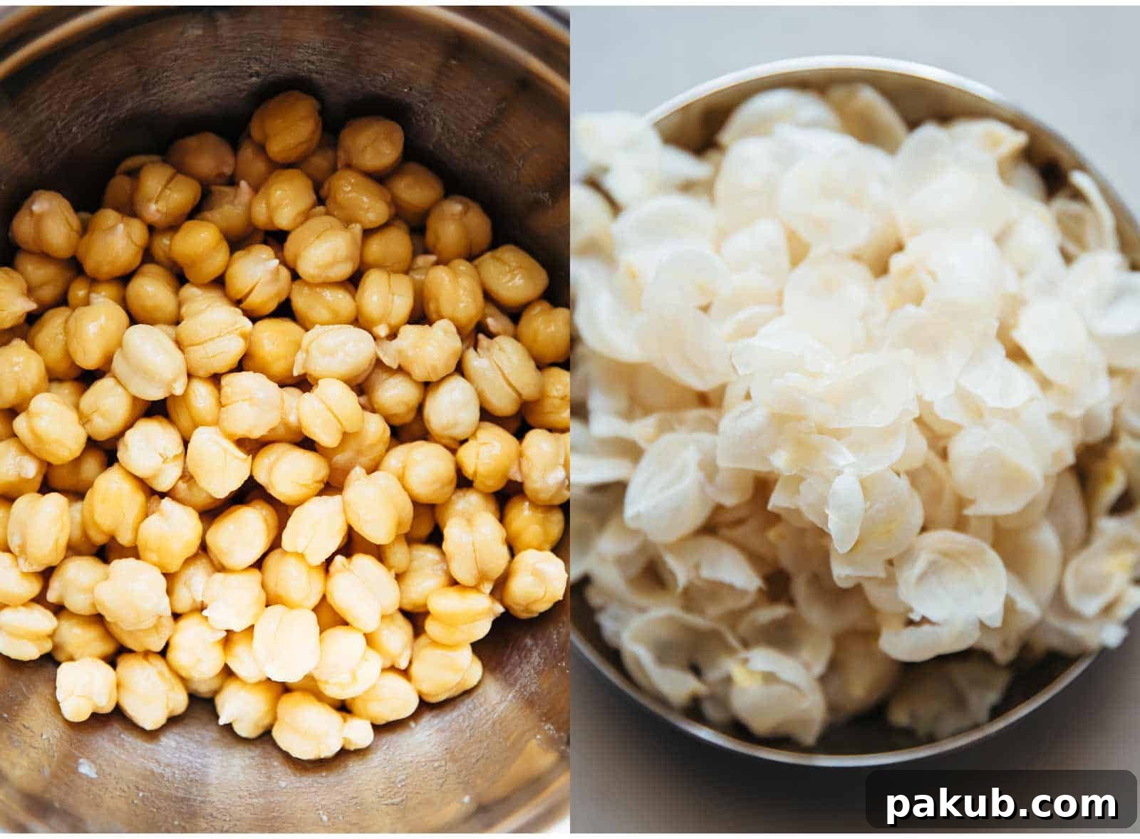 Whip Up Perfectly Light and Fluffy Homemade Hummus 3 Chickpeas peeled for hummus with skin on the side