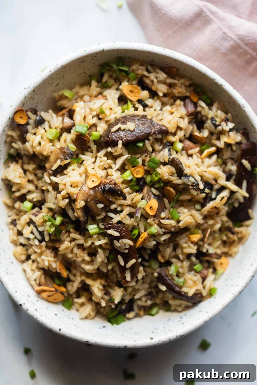 Roasted Garlic Mushroom Fried Rice 3 Burnt garlic mushroom fried rice served in a white bowl, garnished with green onions.
