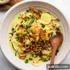 Burmese Khow Suey served in a white bowl with all the toppings and noodles