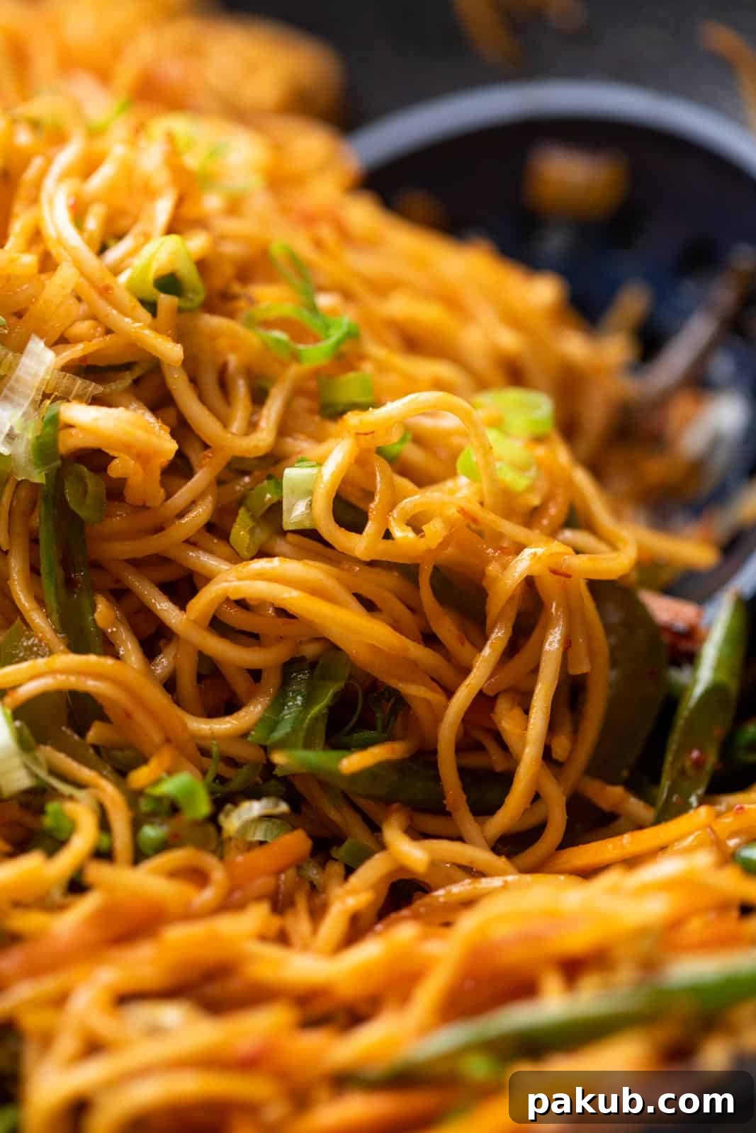 Closeup of chilli garlic noodles in a wok, brimming with vibrant colors and rich textures.