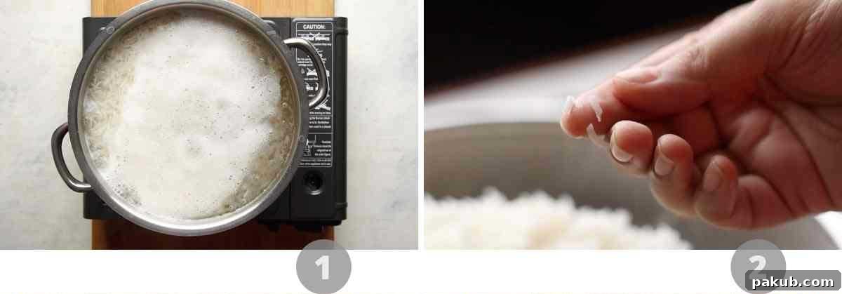 Mastering Delicious Vegetable Biryani 3 Step-by-step pictures illustrating the process of par-boiling basmati rice to the perfect consistency for biryani preparation.