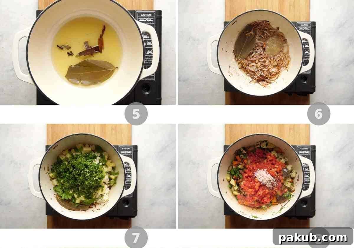 Mastering Delicious Vegetable Biryani 5 A collage of images demonstrating each stage of preparing the rich and flavorful vegetable masala base for the biryani.
