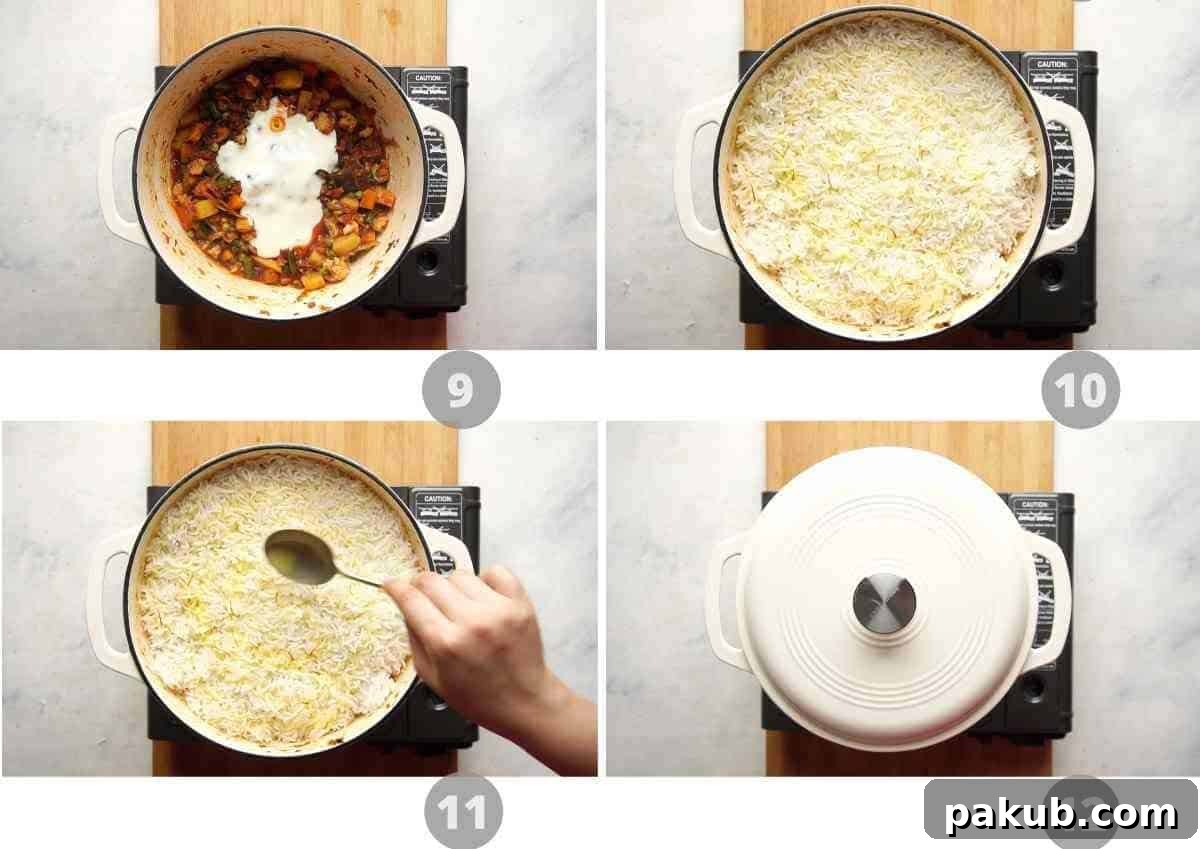 Mastering Delicious Vegetable Biryani 6 A step-by-step visual guide showing how to layer rice and vegetable masala, then seal the pot for dum cooking biryani.