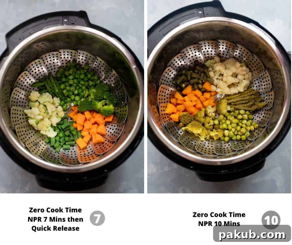 A visual comparison of different pressure release times for Instant Pot zero-minute cooking, showing varying levels of doneness for vegetables, from firm to mushy.