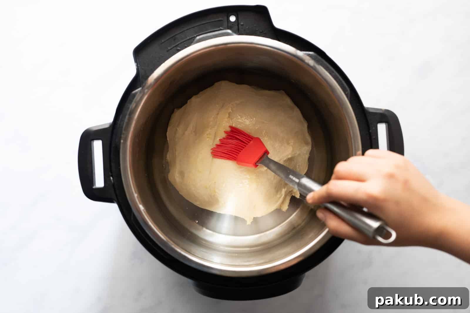 Kneaded bread dough placed inside the Instant Pot and lightly brushed with oil.