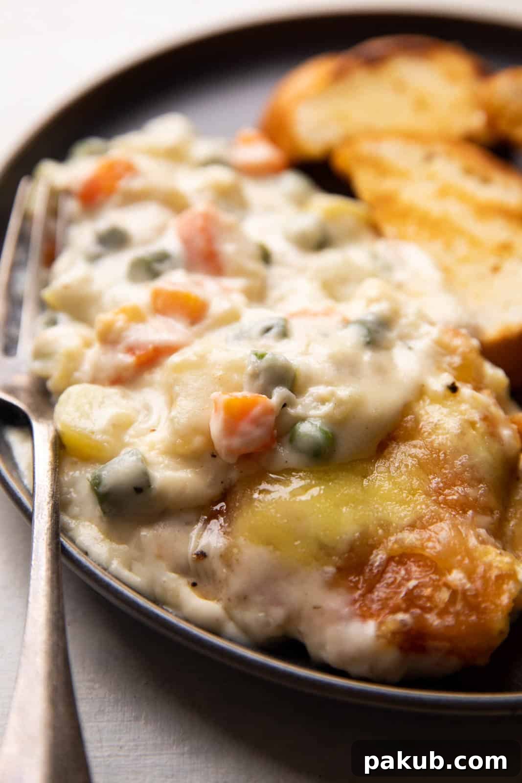 Decadent Creamy Vegetable Gratin 3 Veg Au Gratin served on a plate with slices of garlic bread, showcasing a complete meal.
