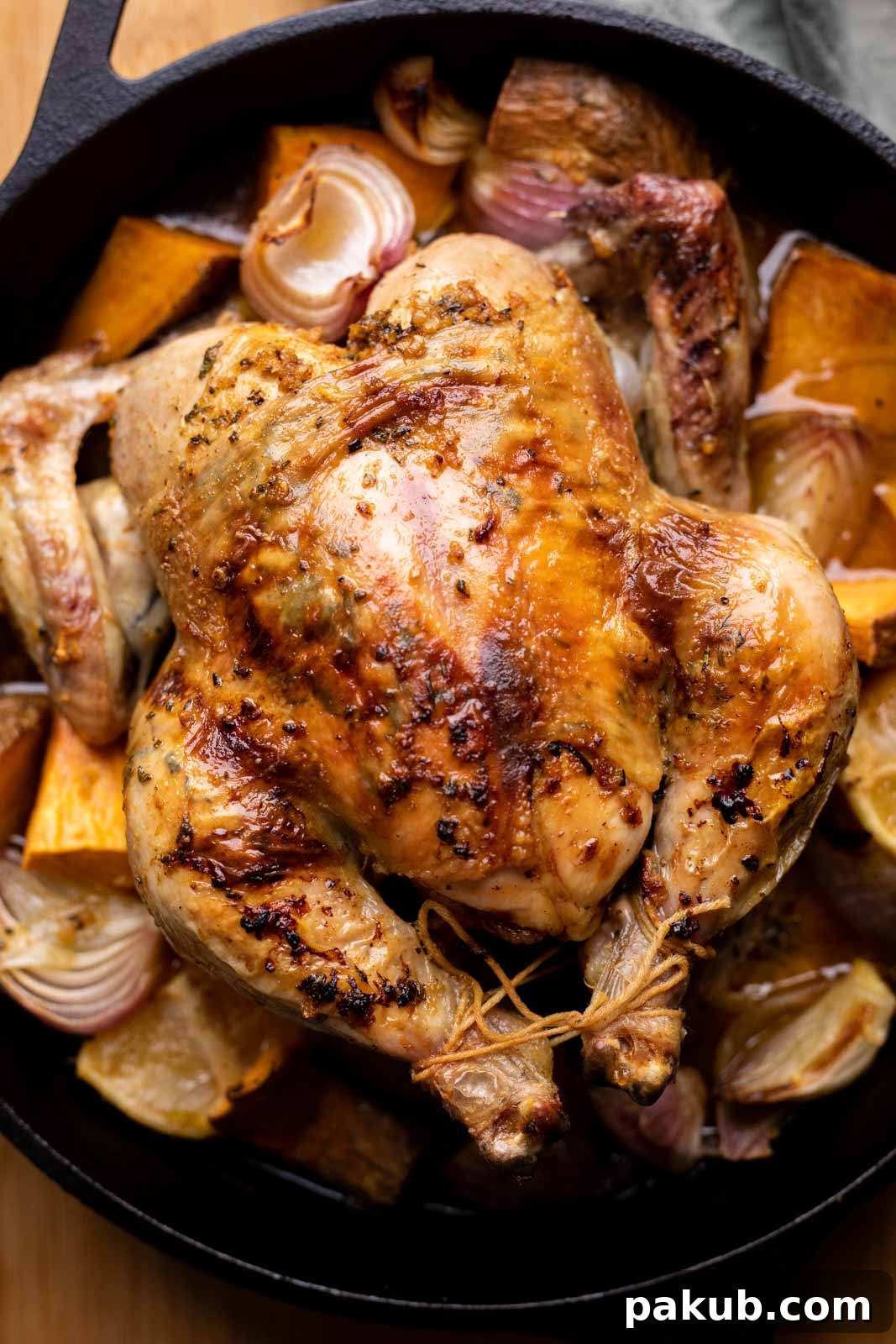 Roast chicken in the cast iron skillet, roasted with veggies and pan juices