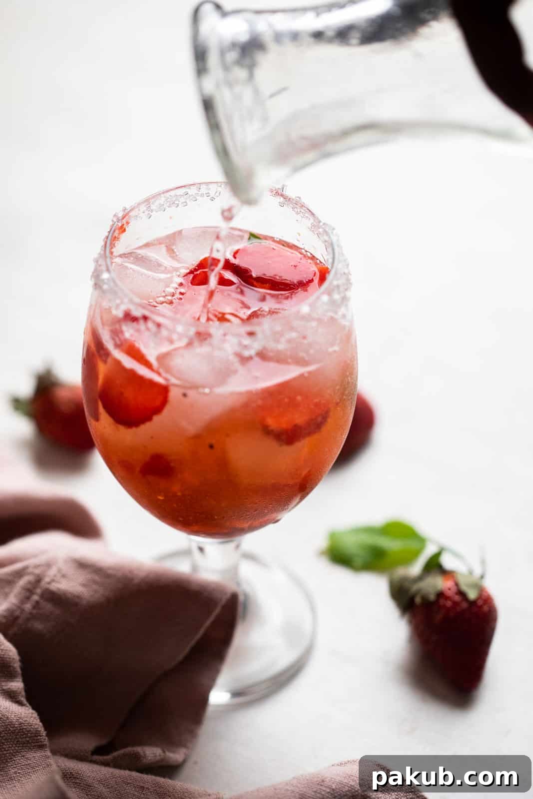 Peppered Strawberry Gin Tonic 3 Pouring tonic water into a steam glass with gin, strawberries and ice