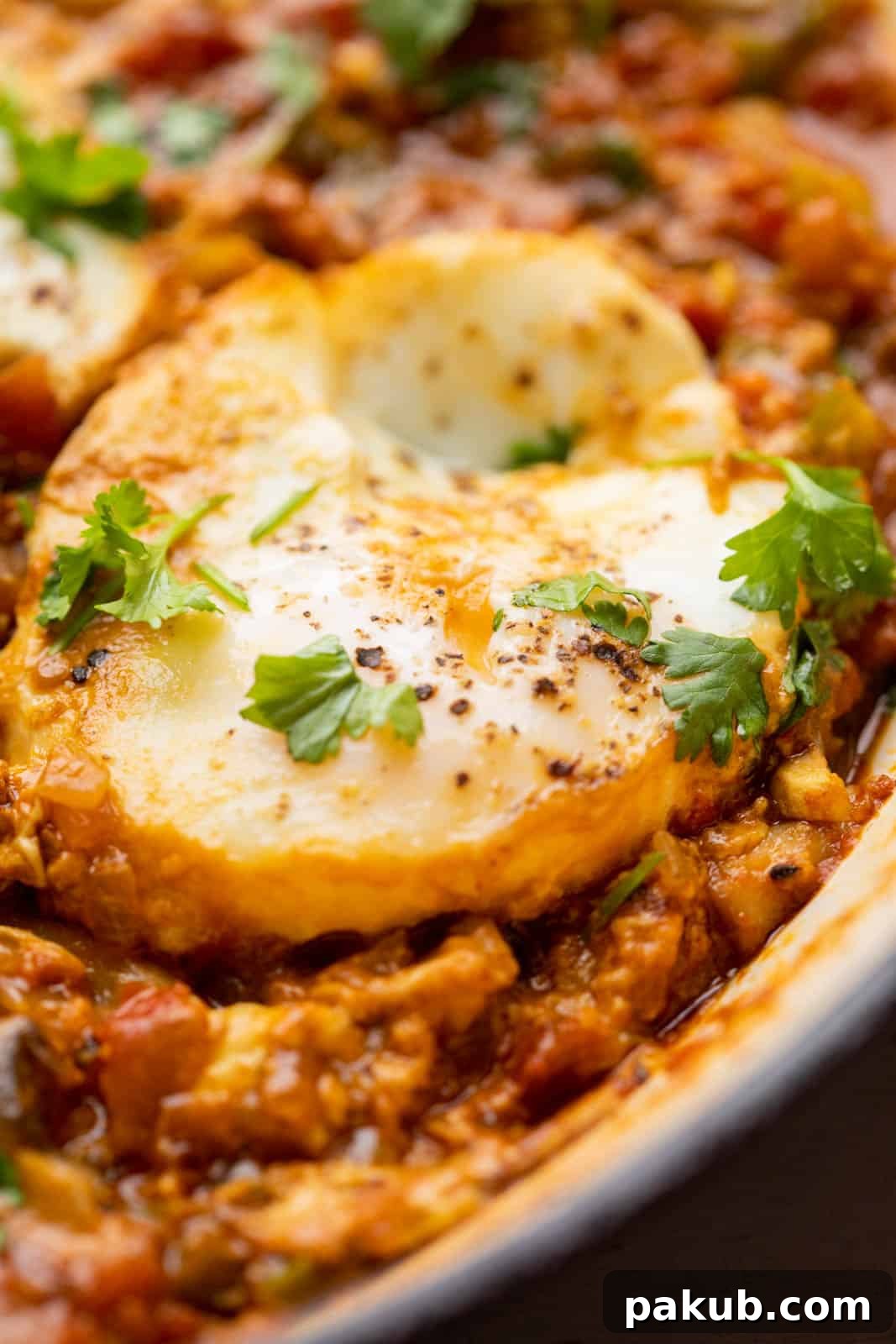 Closeup of a poached egg in a spicy tomato sauce