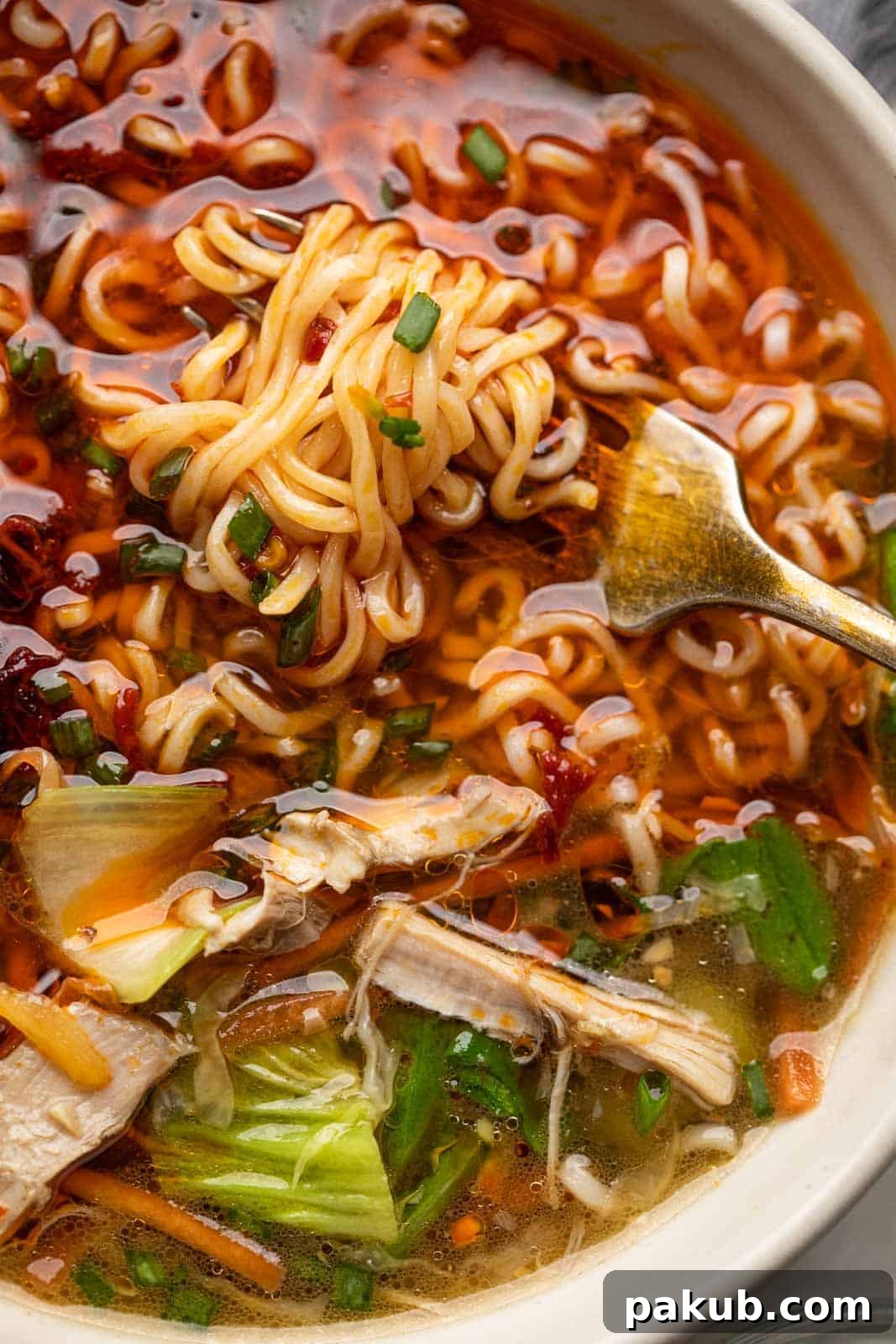 Closeup of noodles twirled around a fork in a bowl of chicken thukpa soup