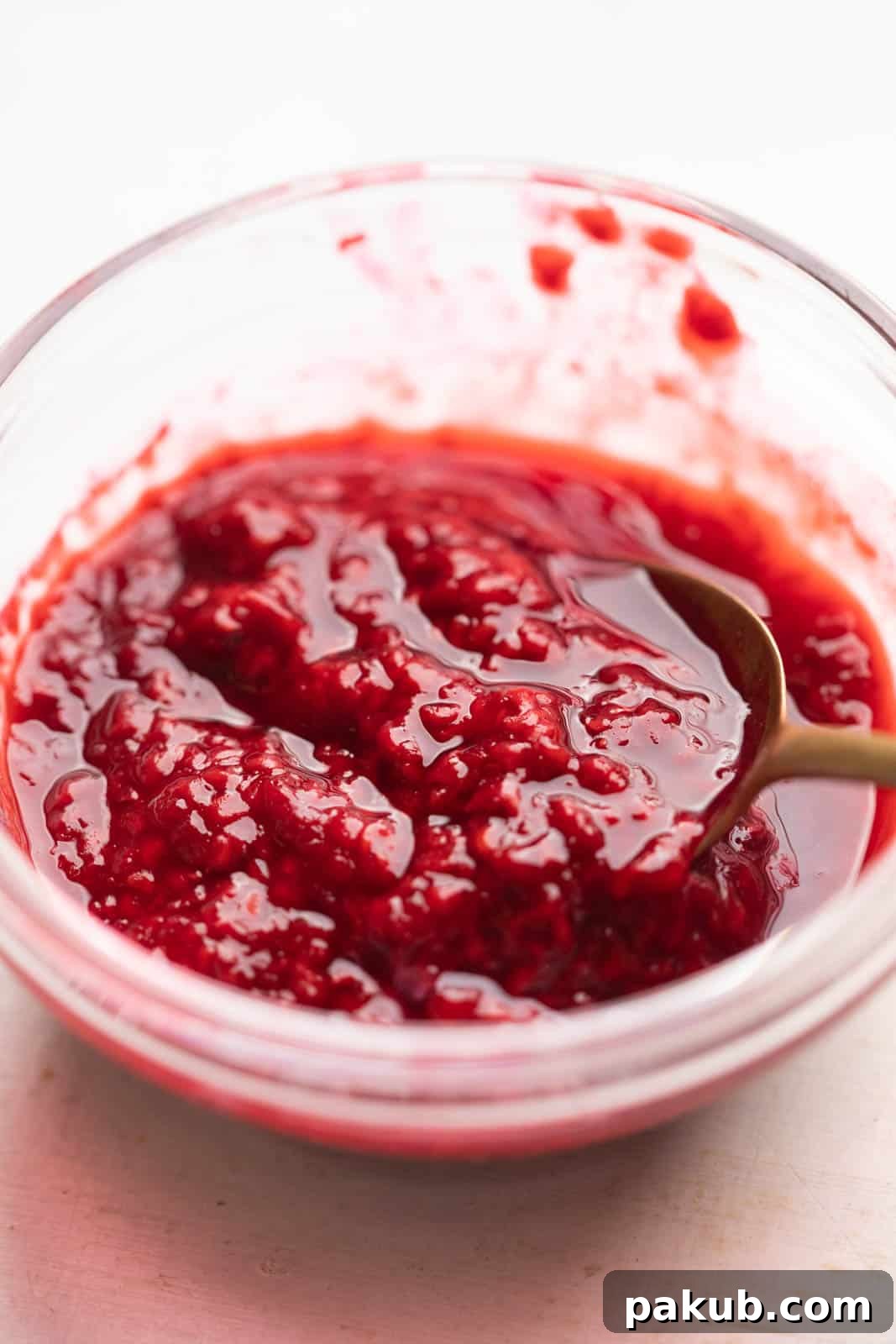 Freshly made raspberry coulis in a small white bowl with a spoon, ready to be served