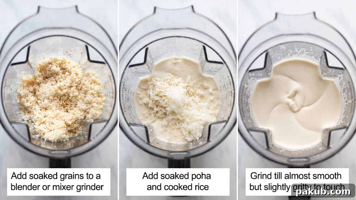 A three-picture collage illustrating the process: properly soaked grains ready for blending, then poha and cooked rice being added to a blender, and finally, the mixture being ground to a smooth, consistent batter.